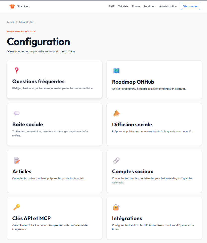 Écran de configuration de la roadmap GitHub dans StockAsso