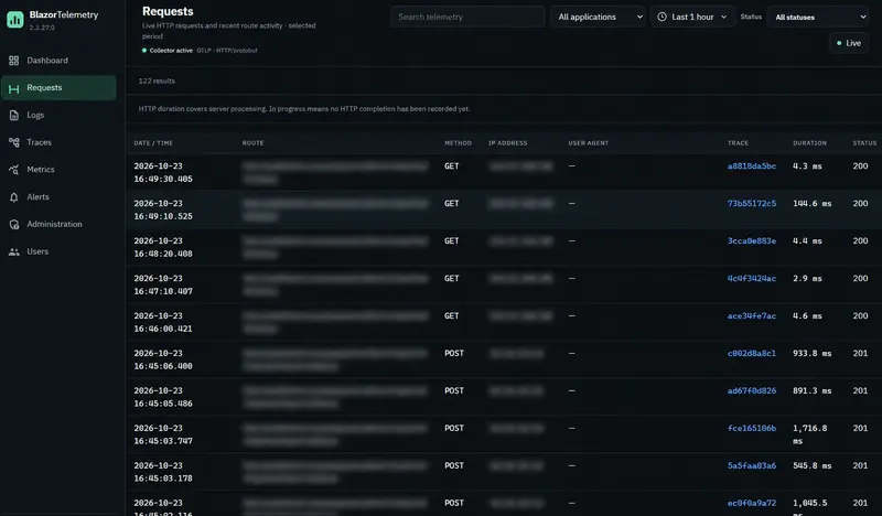 Liste des requêtes HTTP dans BlazorTelemetry, avec routes et adresses IP floutées