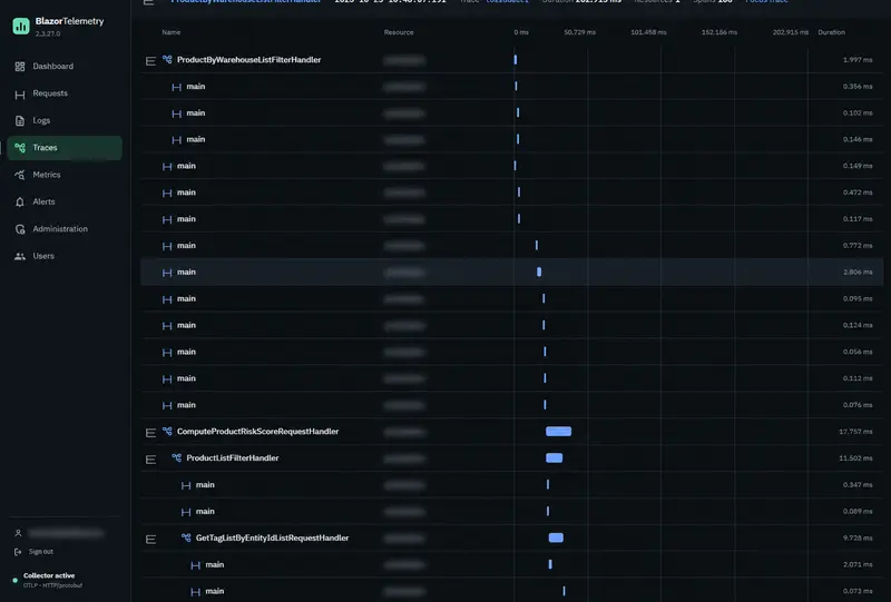 Détail d’une trace BlazorTelemetry et chronologie des traitements, avec ressources floutées
